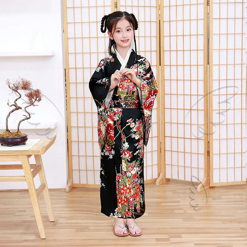 

Japanese National Style Young Girls Kimono Yukata with Obi Dance Dress Gown Vintage Print Floral Stage Show Clothing Cosplay