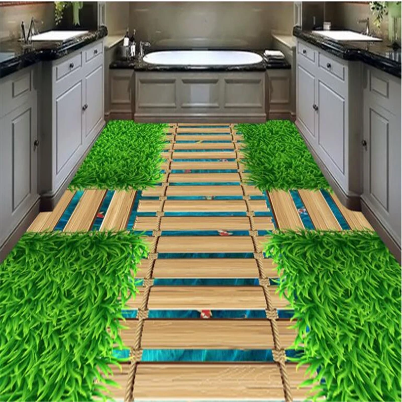 

beibehang Custom large mural 3D green grass bridge water goldfish floor thickening waterproof pvc wear film