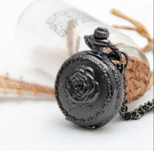 wholesale buyer price good quality fashion girl lady retro vintage bronze mini rose flower pocket watch necklace hour 10pcs/lot