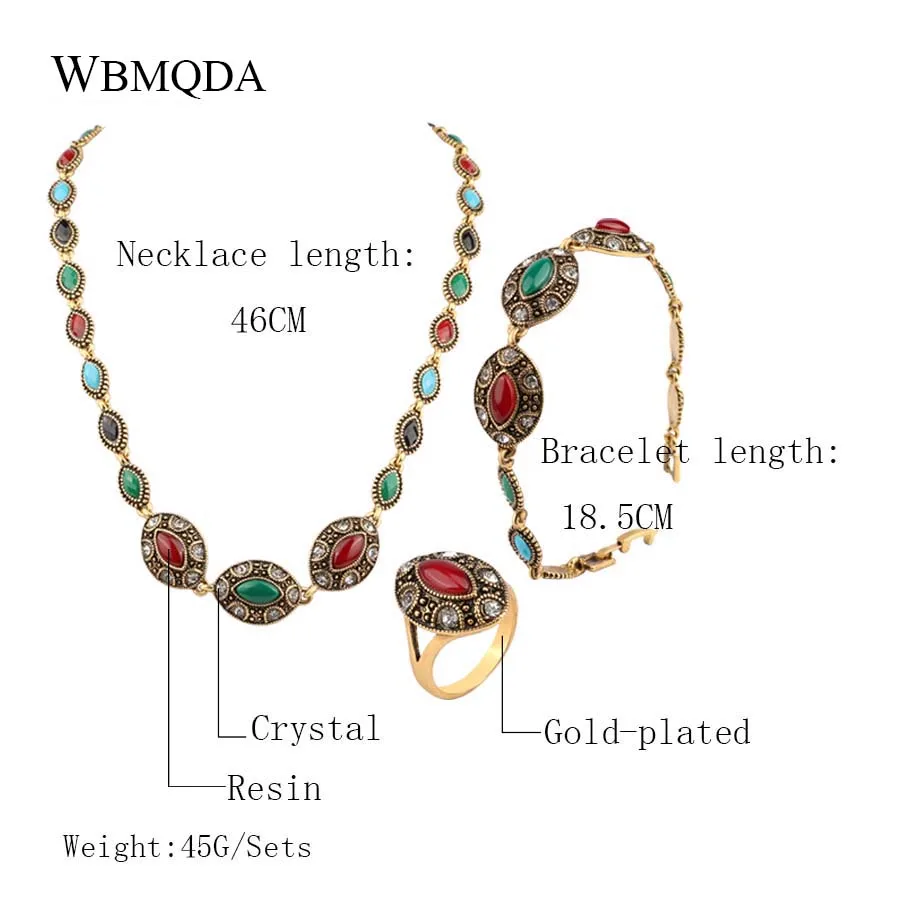 3 Pcs/lot Ethnic Gold Turkish Jewelry Sets Vintage Crystal Necklace Bracelet Ring Women Colorful Stone Boho Jewellery 2018