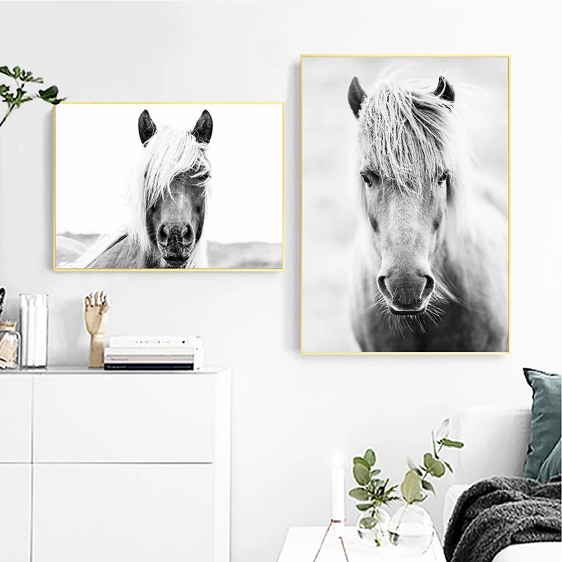 Black And White Horse Head Poster Art Painting , Animal Horses Photography Canvas Art Prints Home Room Wall Picture Modern Decor
