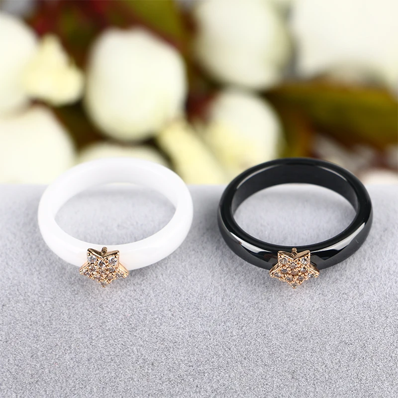 Gold Color Star Women Rings With Bling CZ Rhinestone 4MM Smooth Black White Ceramic Rings Jewelry Wedding Anniversary Gift