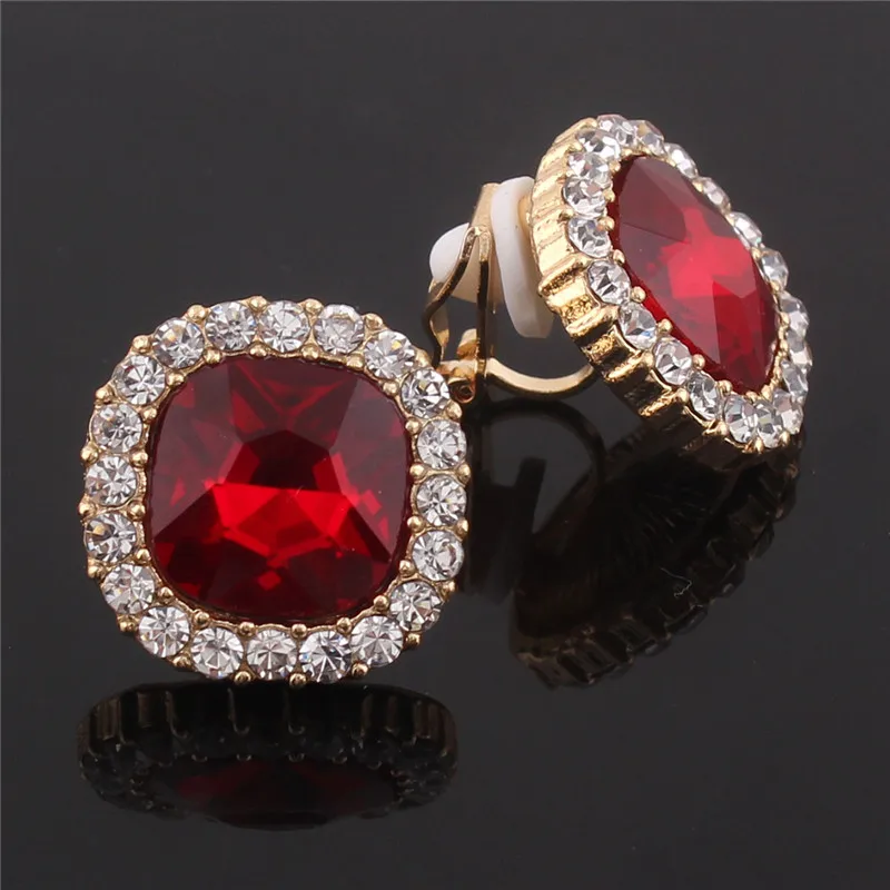 GRACE JUN Red and Blue  Rhinestone Crystal Clip on Earrings No Pierced for Women Party Wedding Luxury Bride No Hole Earrings