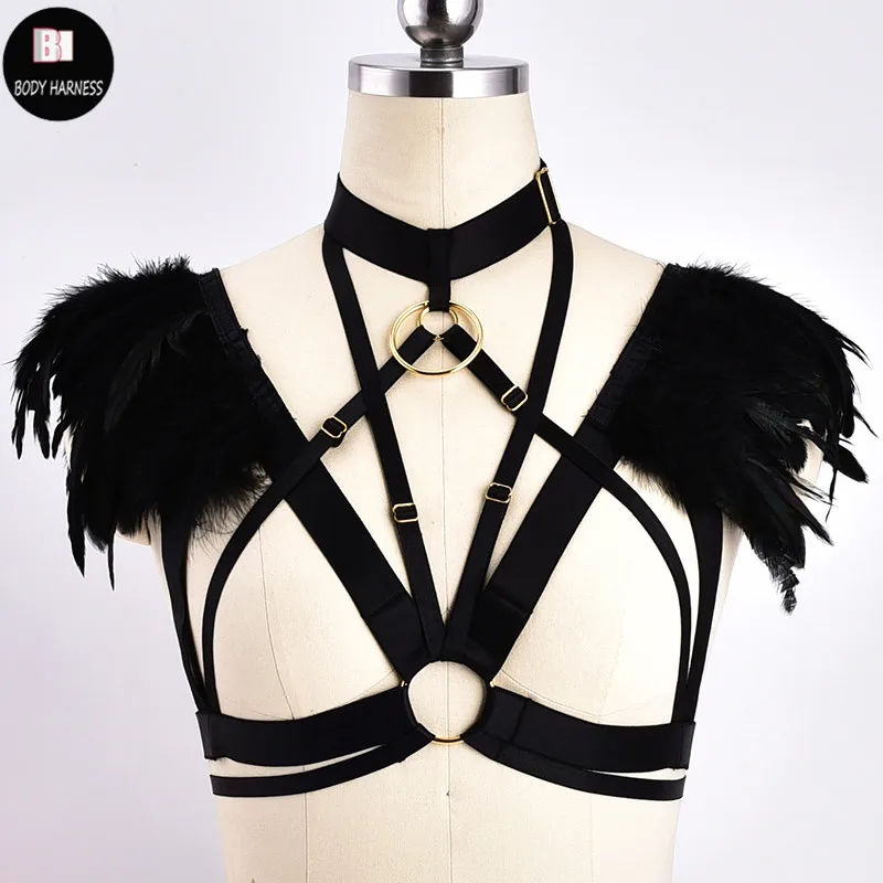 

Women Sexy Feather Epaulettes Shoulders Wing Crop Tops Body Harness Lingerie BurningMan Festival Dance Body Cage Feather Harness