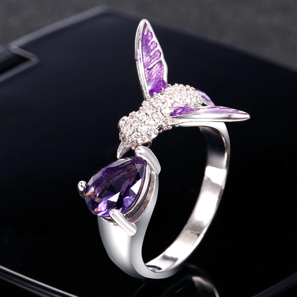 Original Bird Design Purple Amethyst Adjustable Open Rings For Women Top Quality Fashion 925 Silver Jewelry Bohemia Wedding Ring