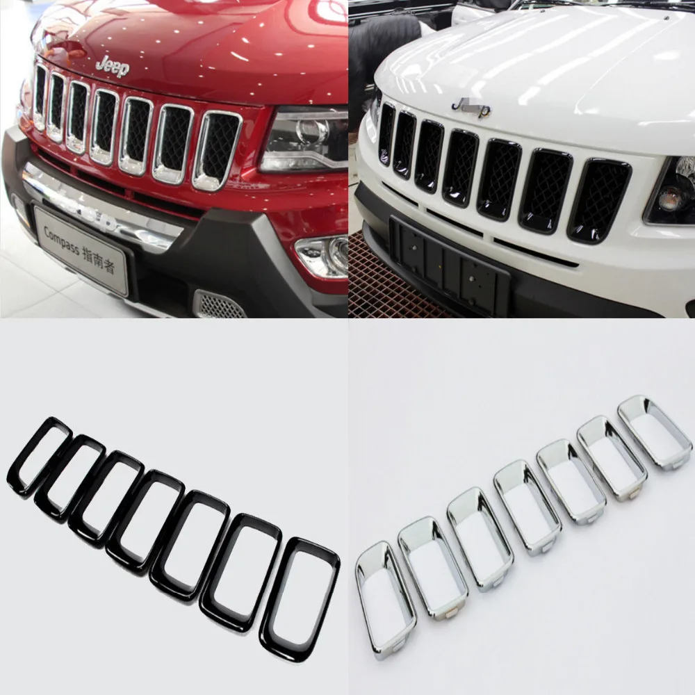 Chromed ABS Plastic 2 Colors 7PCS Front Center Grille Vent Hole Cover Trim For Jeep Compass 2011 2012 2013 2014 2015