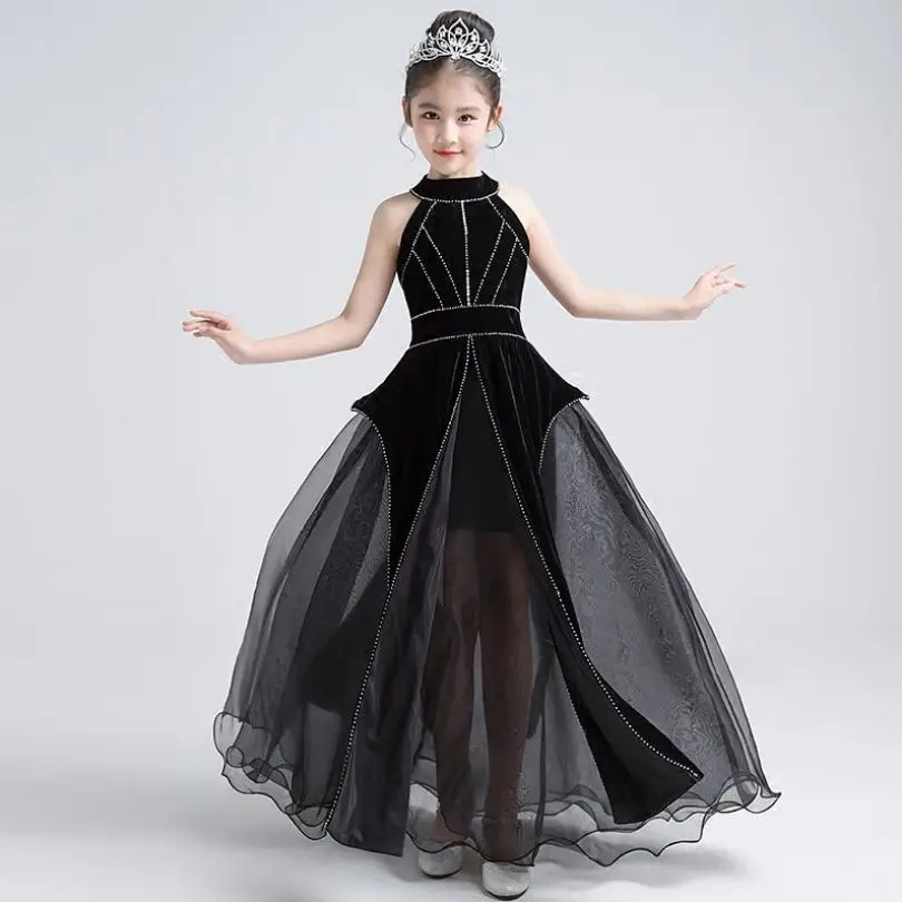 

Luxury Black Princess Dress Halter Beading Evening Dress Ball Gown Tulle Kids Pageant Dress Birthday Girls Party Costume Y485