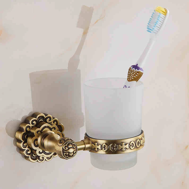 Cup & Tumbler Holders Single Glass Cups Antique Brass Bathroom Toothbrush Holder Wall Mounted Retro Carved Home Deco J10702F