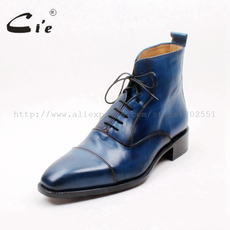 cie Square Captoe Lace-Up Handmade Hand-Painted Navy 100% Genuine Calf Leather Hidden Suture Goodear Welted Men Leather BootA156