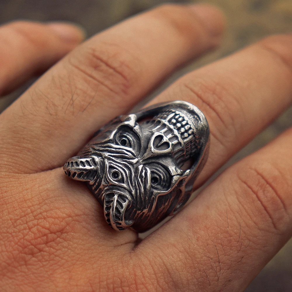 EYHIMD Plague Devil Skull Rings Mens Three Eyed Demon Stainless Steel Ring Punk Rock Biker Jewelry