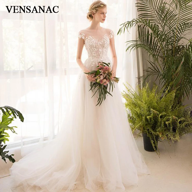 

VENSANAC Illusion O Neck Lace Appliques A Line Tulle Wedding Dresses Short Cap Sleeve Sweep Train Bridal Gowns