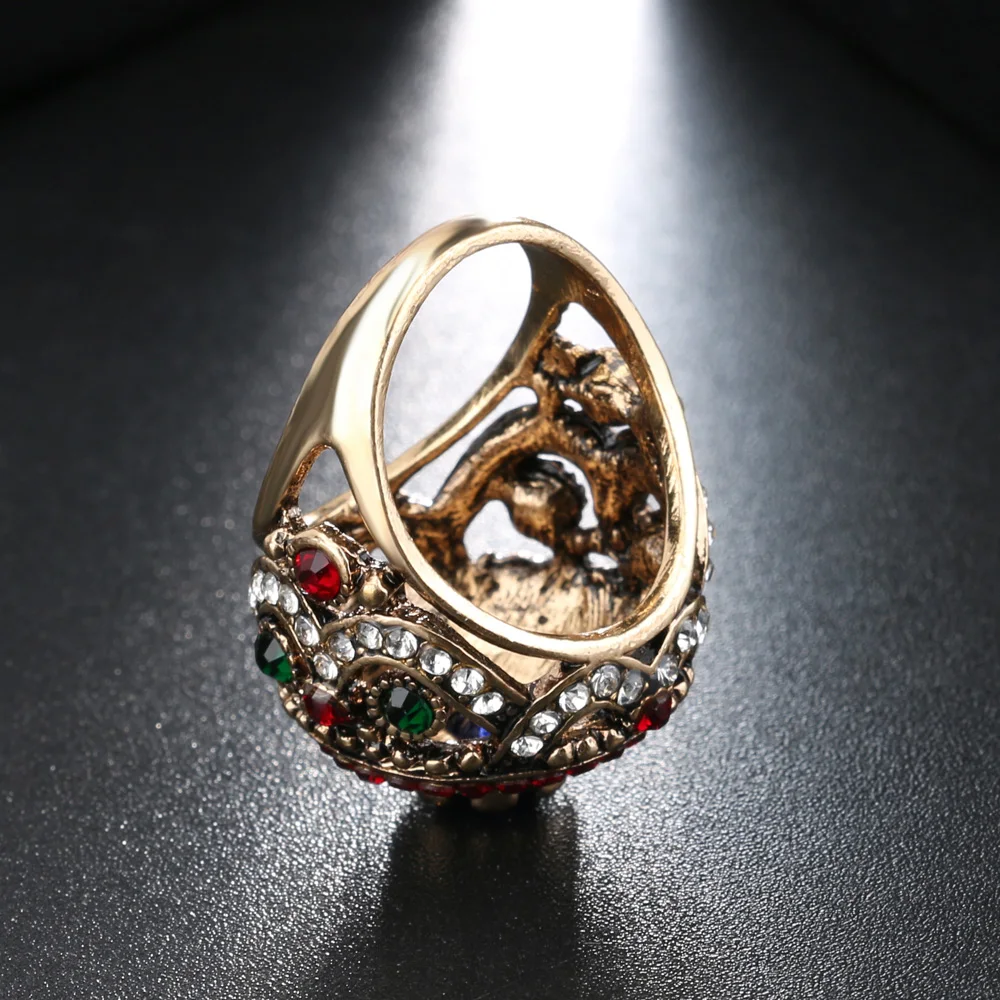 Kinel New Arrival Dubai Gold Antique Ring For Women Bohemian Blue Resin Inlay Crystal Punk King Ring Vintage Jewelry