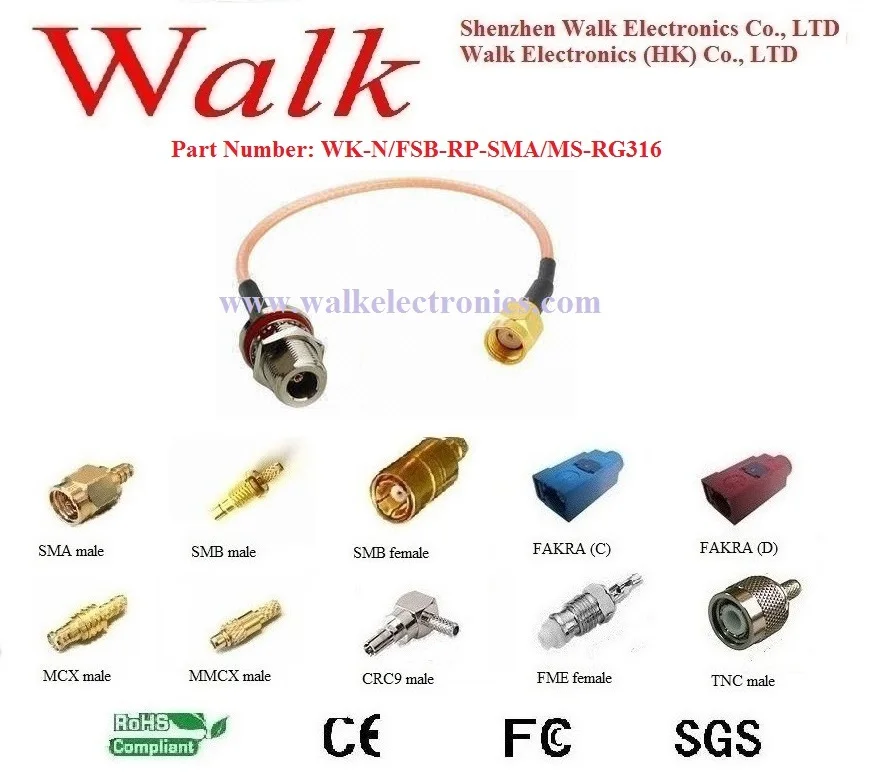 WIFI antenna interface cable: N female straight bulkhead to RP-SMA male straight with rg316 cable