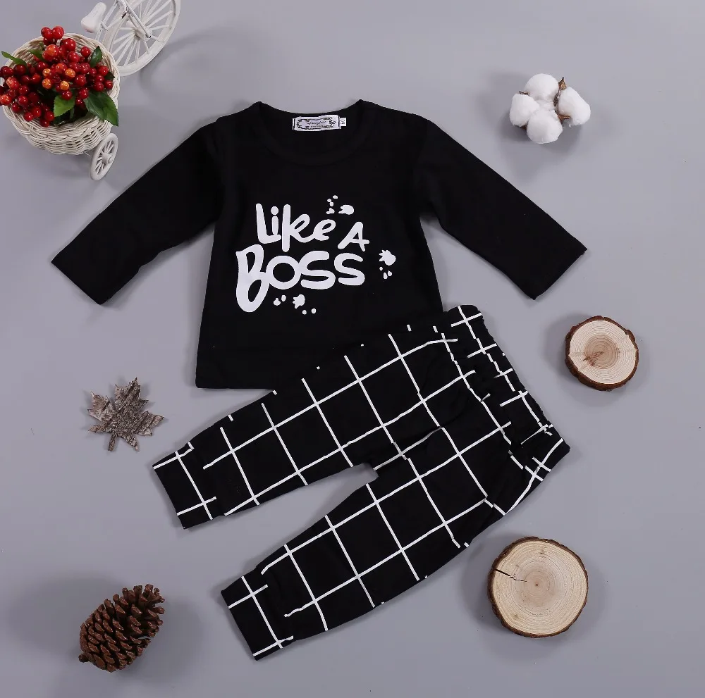  Spring Autumn Baby Boy Outfits Like A Boss Long Black Tops+Pant 2PCS Clothing Sets Kids Infant Boys Girls Clothes Sets