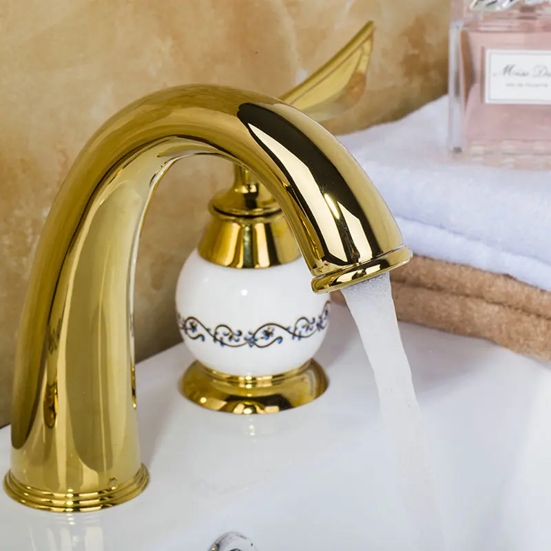 OUBONI European Split Basin Mixer Luxury 3PCS Set Bathtub Golden Plated Bathroom Faucet Tap ceramic Faucet Body Leaves Handles