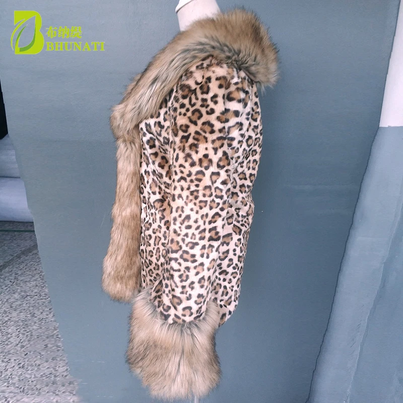 Boutique das Mulheres Outono Inverno Faux Casacos De Pele De Vison Casacos de peles de Leopardo Faux Raccoon Fur Collar Casacos de Peles Plus Size