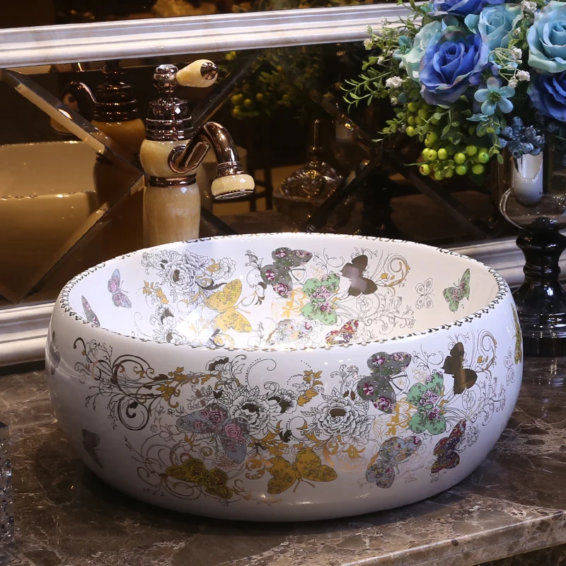 Butterfly pattern Handmade Europe Style Counter Top porcelain wash basin bathroom sinks ceramic vessel bowl sink