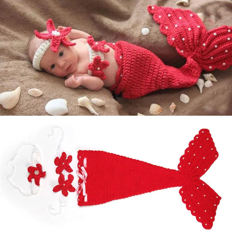 Baby Crochet Mermaid Animal Costume Set Newborn Photo Props Infant Knitted Pearl Cocoon with Flower Headbands SG051