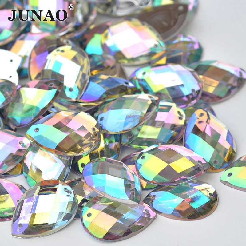 JUNAO 18*25mm 100pcs Drop Shape Sewing Crystal AB Rhinestones Flat Back Acrylic Stones Fancy Strass Crystals For Clothes Dress