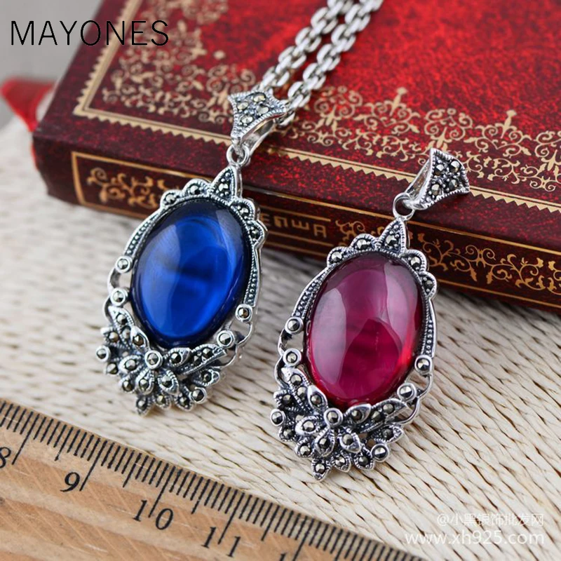 

MAYONE S925 Sterling Silver Red and Blue sapphires Vintage Pendants For Women Natural Corundums Marcasite Carving