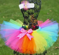 2019 Girls Rainbow Tutu Skirts Kids Handmade Tulle Pettiskirt with Polka Dots Bow and Flower Headband Baby Ballet dance Tutus