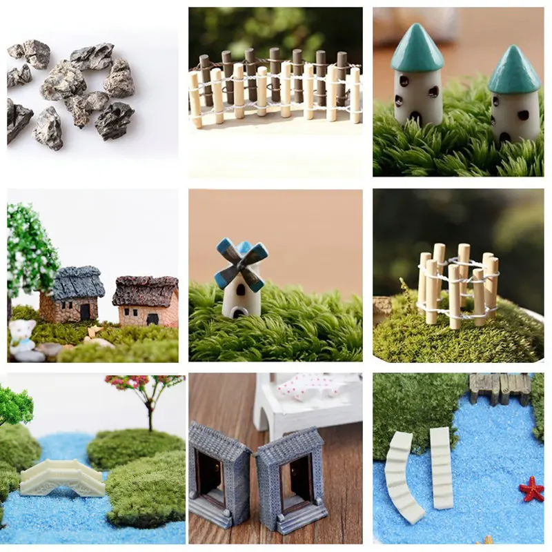 1 szt. Chata mostowa wiatrak dom zamek Mini rzemiosło figurka doniczka ozdoba ogrodowa miniaturowa bajkowa dekoracja ogrodowa