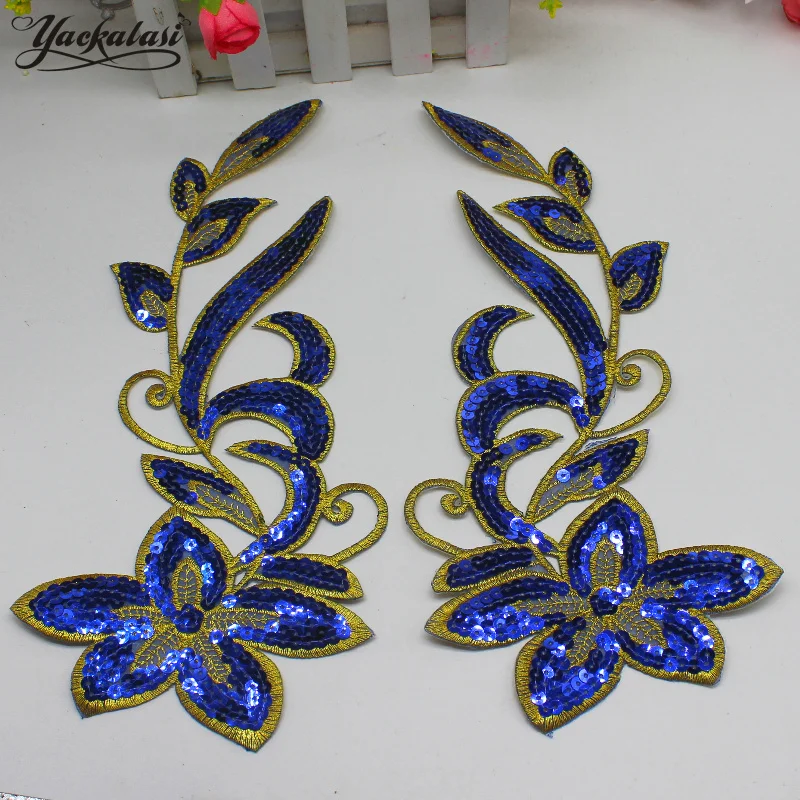 2 Pcs Iron On Patches Mirror Pair Flower Sequined Appliques Trims Hologram Diy Dance  Accessories 12.5*31cm