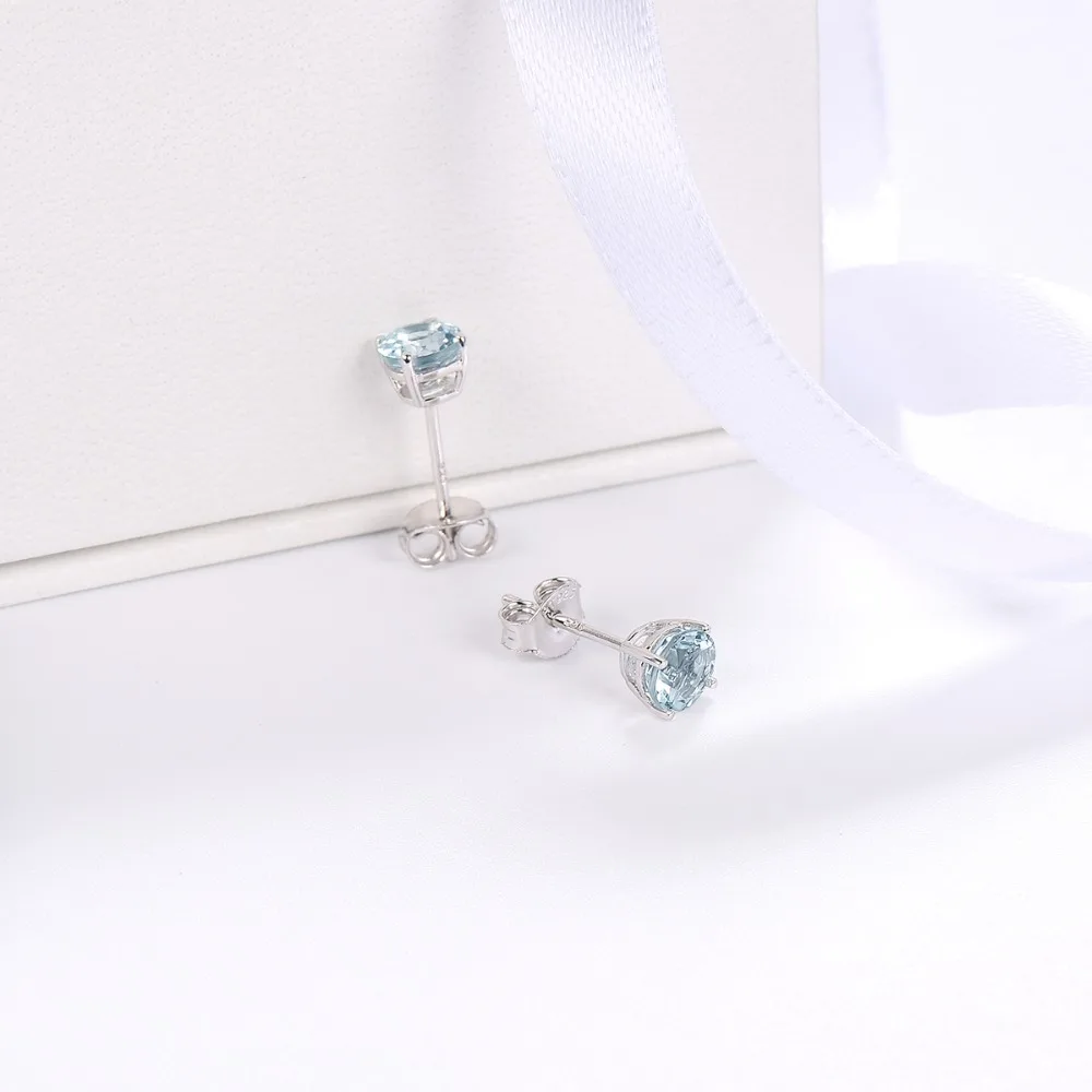 HUTANG Stone Jewelry 1.4ct Natural Aquamarine Round 6mm Stud Earrings Solid 925 Sterling Silver Gemstone Fine Jewelry Women Gift