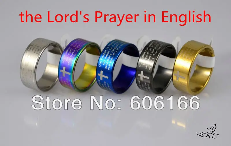 Mixed Color ENGLISH Bible Lord's Prayer Cross Ring Plated Stainless Steel Rings Fashion Religious Jewelry