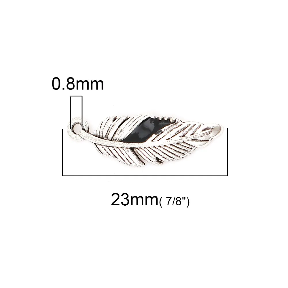 DoreenBeads Fashion Zinc Based Alloy Pendant Feather Silver Color Black Enamel DIY Charms 23mm( 7/8