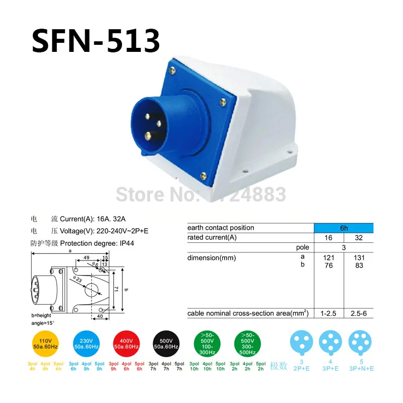 16A 3 pole connector Industrial male&female sockets SFN-113/SFN-313/SFN-413/SFN-513/SFN-613 waterproof IP44 220-240V~2P+E