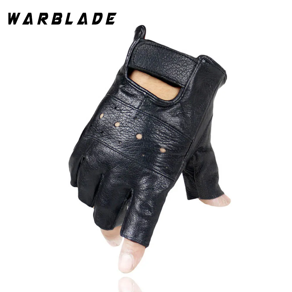 WarBLade-guantes de piel auténtica para hombre, manoplas antideslizantes de medio dedo, de piel de oveja, sin dedos, para moto