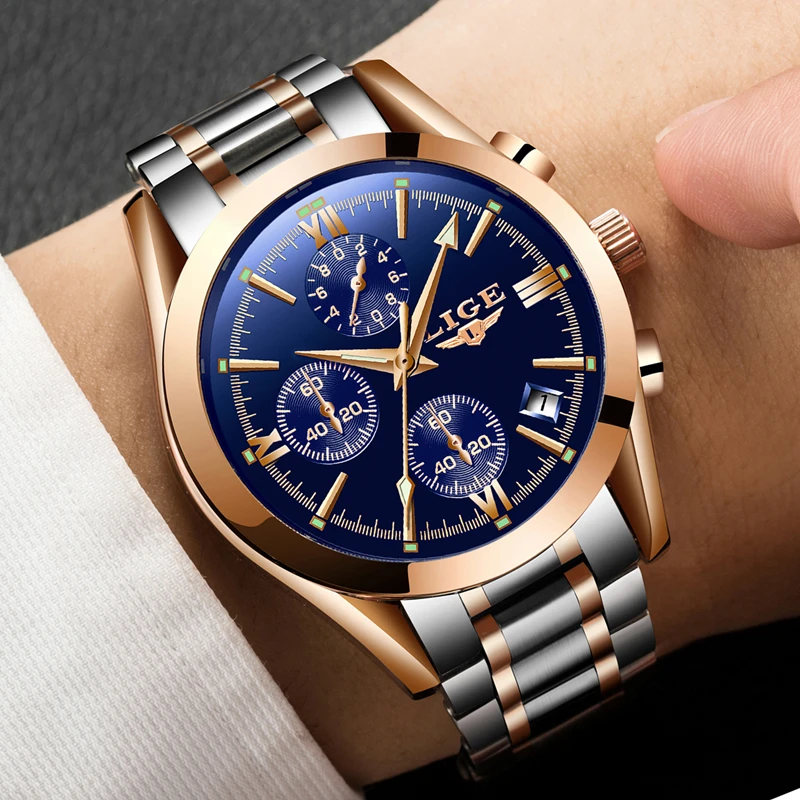 LIGE Mens Watches Top Brand Luxury Military Sport Watch Men Stainless Steel Waterproof Clock Quartz Watch Relogio Masculino+Box