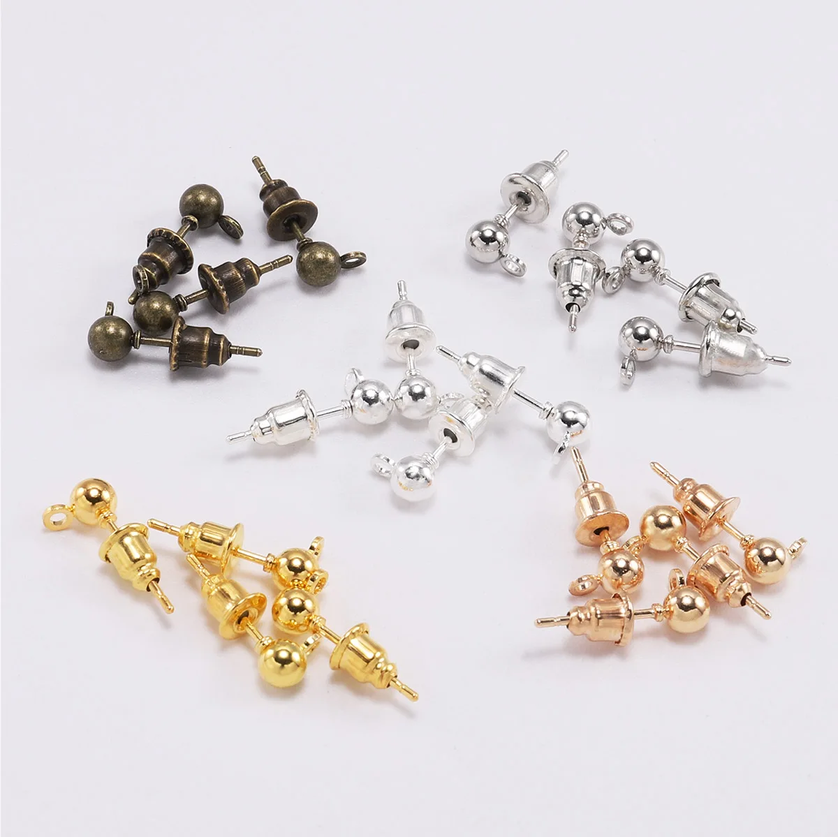 50pcs/lot 3 4 5mm Gold Rhodium Earrings Studs Bullet Back Stopper Ball Beads Head Earring Ear Pins For Jewelry Making Supplies