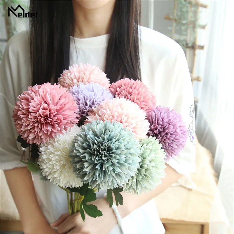 Meldel-Bouquet de Mariage avec Pompons Artificiels, Fleurs de Pissenlit, Boule de Fleurs Blanches et Roses, Décoration de Maison