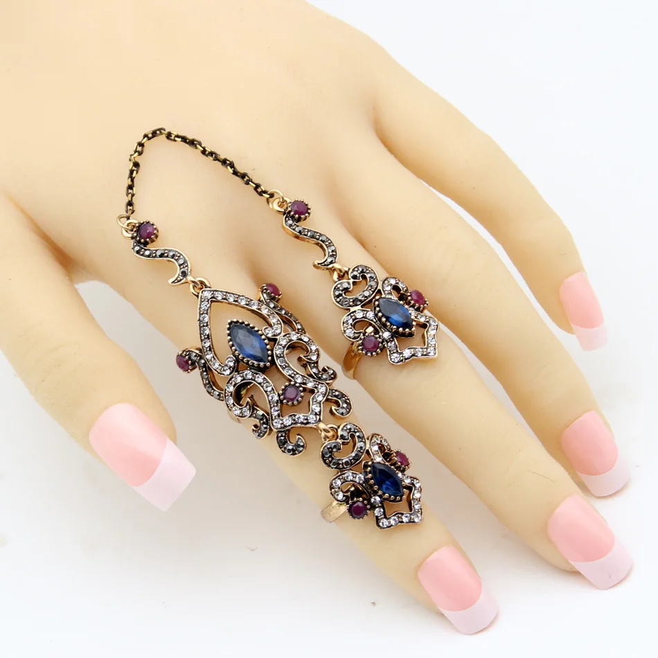 SUNSPICE MS Vintage Turkish Women Flower Double Link Ring Sets Arabesque Crystal Jewelry Antique Gold Color Wedding Anillos 2019