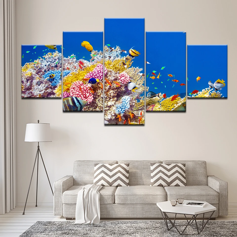 Canvas Painting Orange field coral and colorful fish 5 Pieces Wall Art Painting Modular Wallpapers Poster Print Home Decor