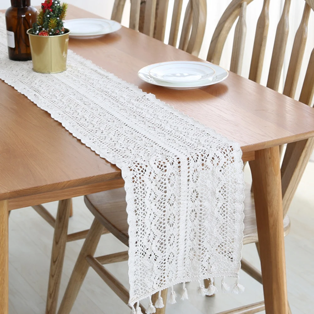 ESSIE HOME 3 Styles Lace Table Runner Knitting Table Runner Crocheted Artwork Lace Decoration Navy Blue Off White