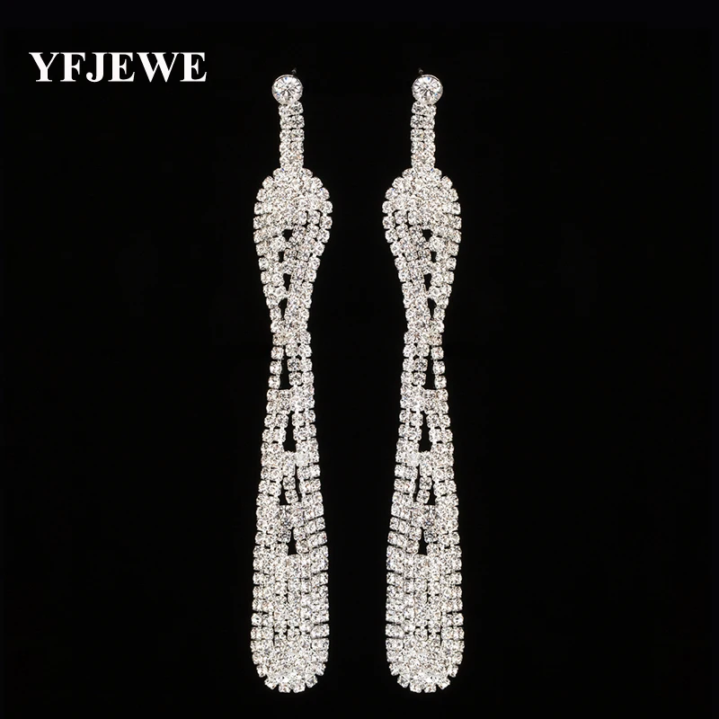 YFJEWE New Bridal Wedding Jewelry Clear Crystal Silver color Dangle Earrings Rhinestone Long Drop Earrings for Women E466