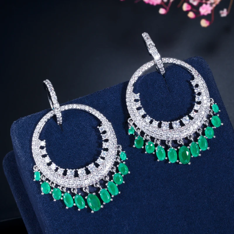 CWWZircons New Trendy Green White CZ Cubic Zirconia Big Round Hoop Dangling Earrings for Women Party Jewellery Accessories E0145