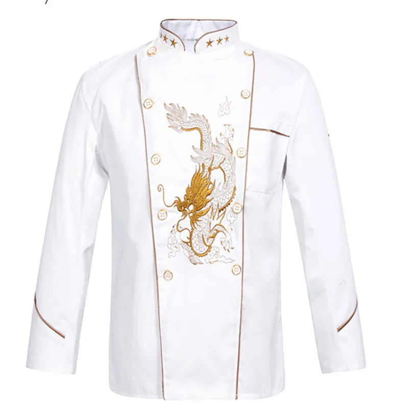 Uniforme de cuisinier Dragon brodé pour hommes et femmes, vêtements de travail de cuisine à manches courtes, patchwork en maille, veste de chef de service alimentaire respirante, nouveau