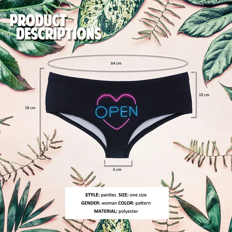 New Fashion 3D Open Neon Black Pattern Print Lingerie Brifes Sexy Underwear Women Panties