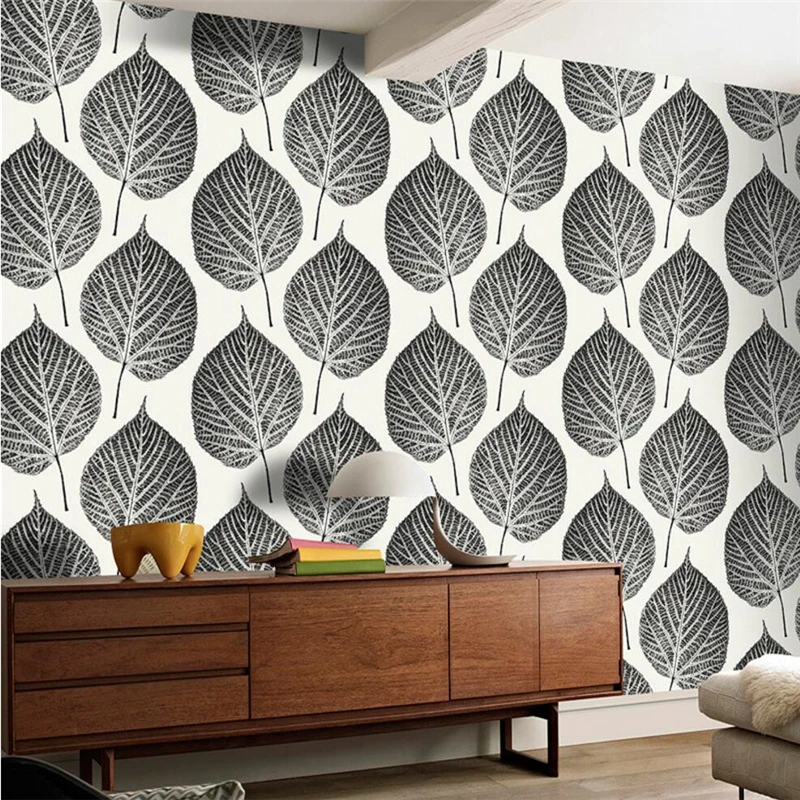 beibehang simple Nordic black and white leaves wallpaper foreign trade 3D stereo leaves bedside sofa TV background wallpaper