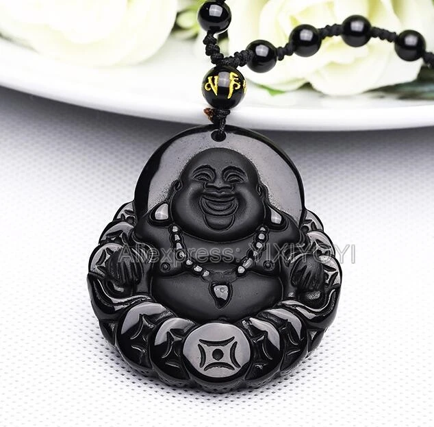 Drop Shipping 100% Natural Black Obsidian Carved Coin Buddha Lucky Amulet Pendant Necklace For Women Men pendants Fine Jewelry