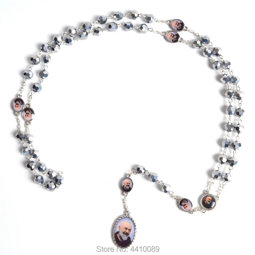 عقد سبحة مع خرز معدني متعدد الأوجه ، عصري ، قطعة مركزية وقلادة ، St Pio #3