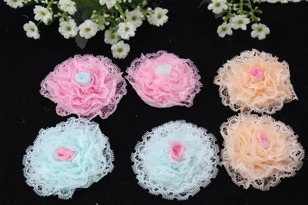 50pcs lovely pastel lace ribbon rolled rosette fabric flowers for hairclip baby to adult in mix colors