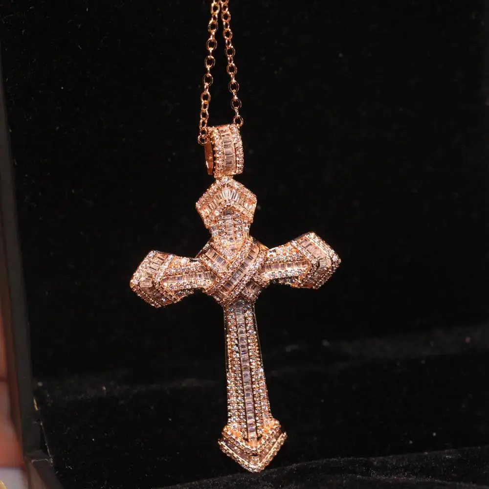 Rulalei Brand New Top Selling Luxury Jewelry 925 Sterling Silver&Rose Gold Fill Princess Cut White 5A CZ Cross Pendant Necklace