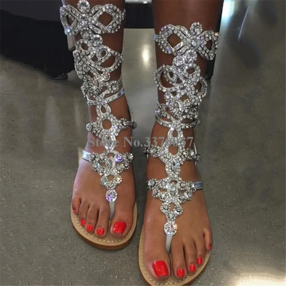 Summer Fashion Ladies Bling Bling Rhinestone Flat Gladiator Sandals Click Toe Crystal Beach Sandals Booties Big Size 44