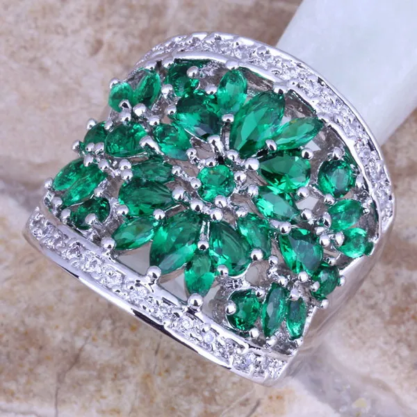 Green Cubic Zirconia White CZ Silver Plated Ring Size 5 / 6 / 7 / 8 / 9 / 10 / 11 S0179A