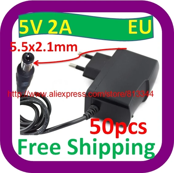 50 pcs Free Shipping 100V-240V Converter Adapter DC 5V 2A / 2000mA Power Supply EU Plug AC/DC 5.5 mm x 2.1mm